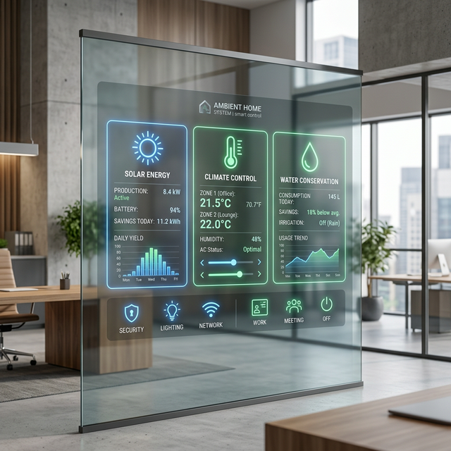 A clean, minimalist smart home control interface displayed on a large, futuristic glass panel in a contemporary office setting. The dashboard shows glowing blue and green icons for solar energy production, indoor climate control, and water conservation. The background is a soft-focus modern architecture scene. Professional, high-tech, premium look. No people.